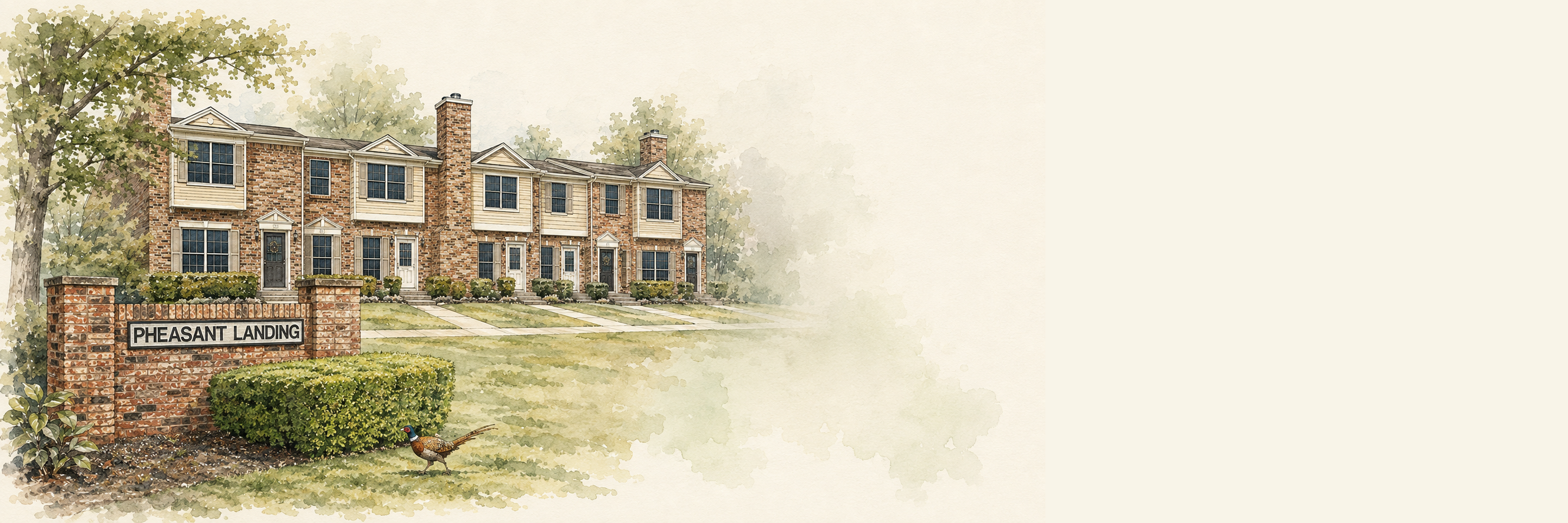 Watercolor illustration of the Pheasant Landing townhomes, entrance sign, and pheasant